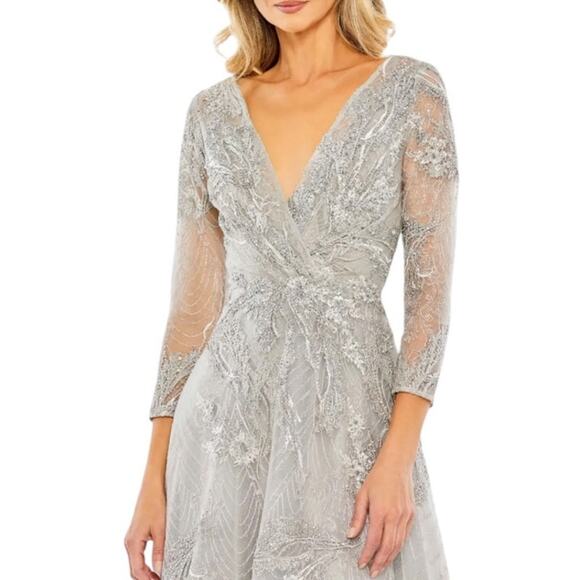 Mac Duggal 16 20336 NEW Platinum Silver Embellished Wrap Over 3/4 Sleeve Dress - Picture 2 of 13